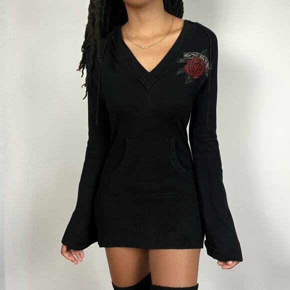 Y2K Sinful Rhinestone Black Ribbed Hooded Sweater Dress Goth Skull Roses Medium - Picture 2 of 16